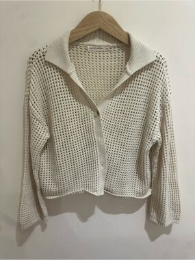 moon & madison Cream Open-Weave Collared Button Cardigan